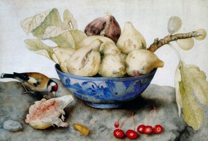 Tasse chinoise avec figues, cerises et chardonneret